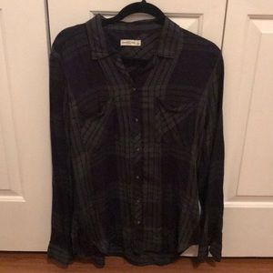Dark blue and dark green plaid long sleeved shirt
